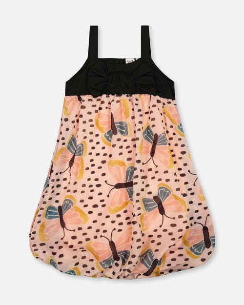 Deux Par Deux Little Girl's Printed Bubble Dress Black And Pink Butterflies In Black And Pink Butterflies