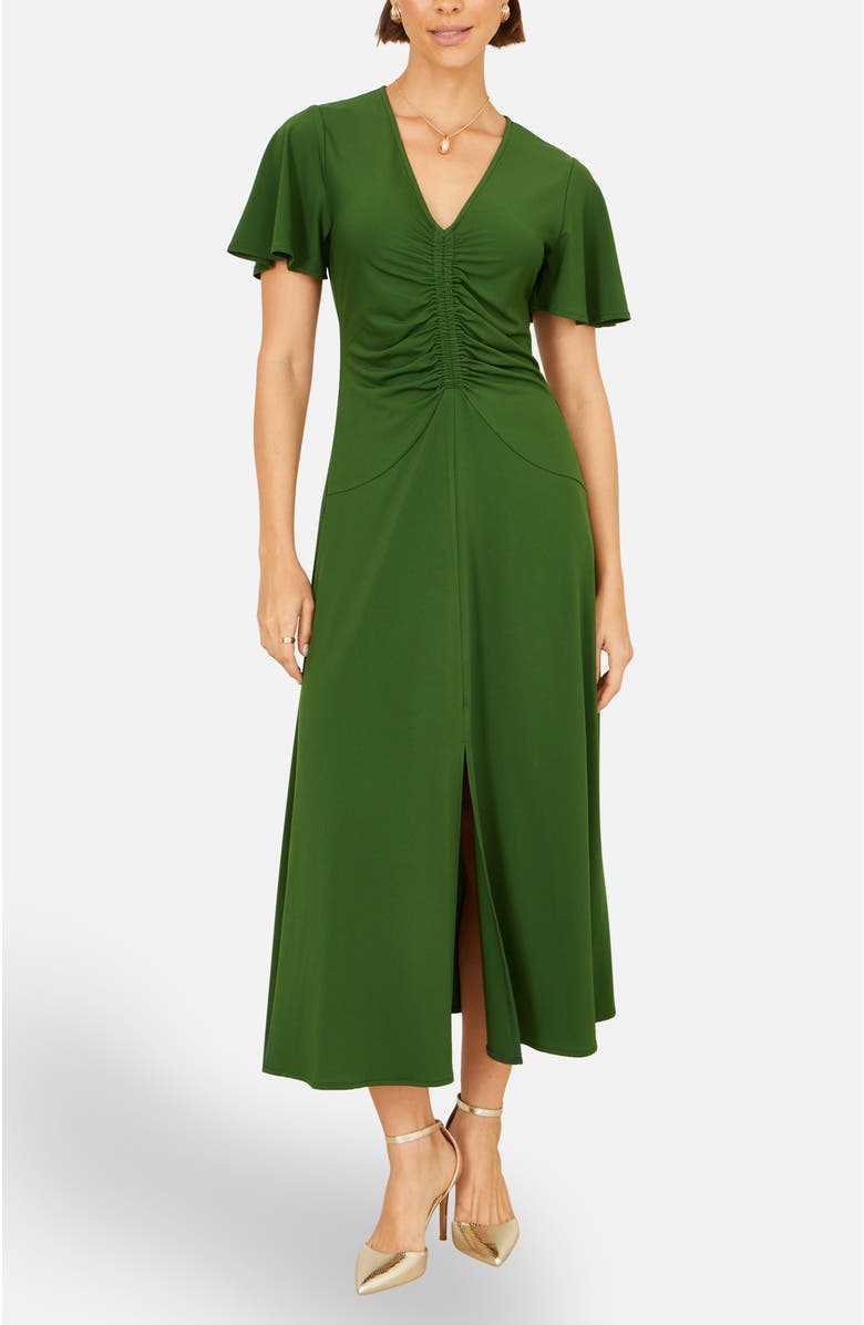 Yumi Ruched Front Stretch Midi Dress, Alternate, color, Green
