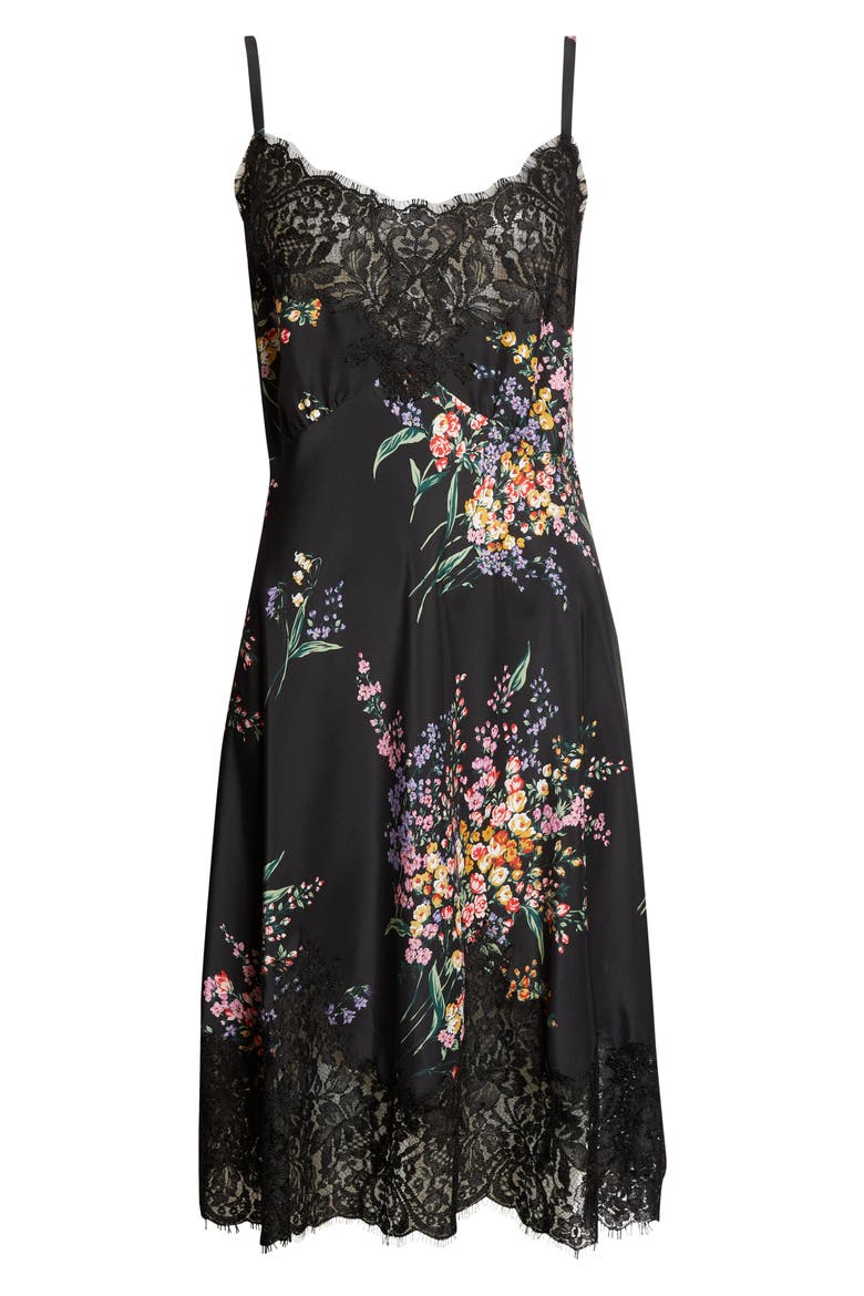Floral Bouquet Print Lace Trim Habutai Silk Minidress, Alternate, color, MAZZI FIORI FDO.NERO