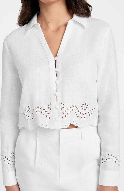 Guess Leyna Embroidered Eyelet Crop Linen Shirt In White