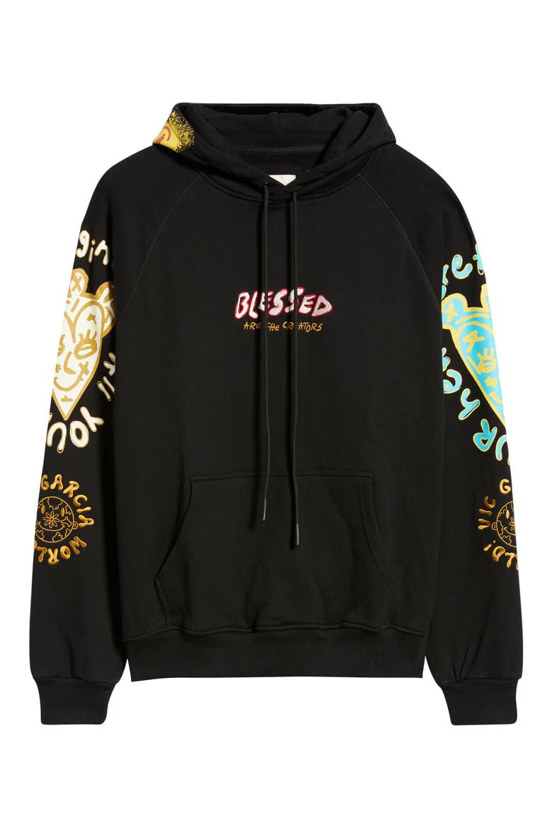 Blessed Emroidered Cotton Pullover Hoodie, Alternate, color, BLACK