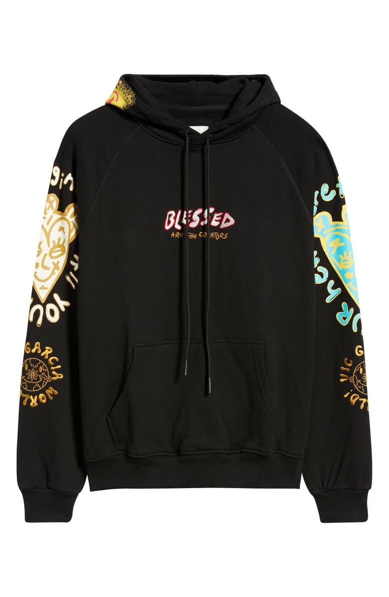 VIC GARCIA WORLD Blessed Emroidered Cotton Pullover Hoodie, Alternate, color, Black