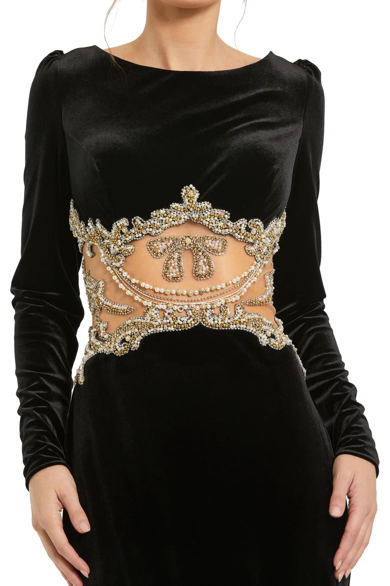 Long Sleeve Sheer Embellished Velvet Gown, Alternate, color, Black