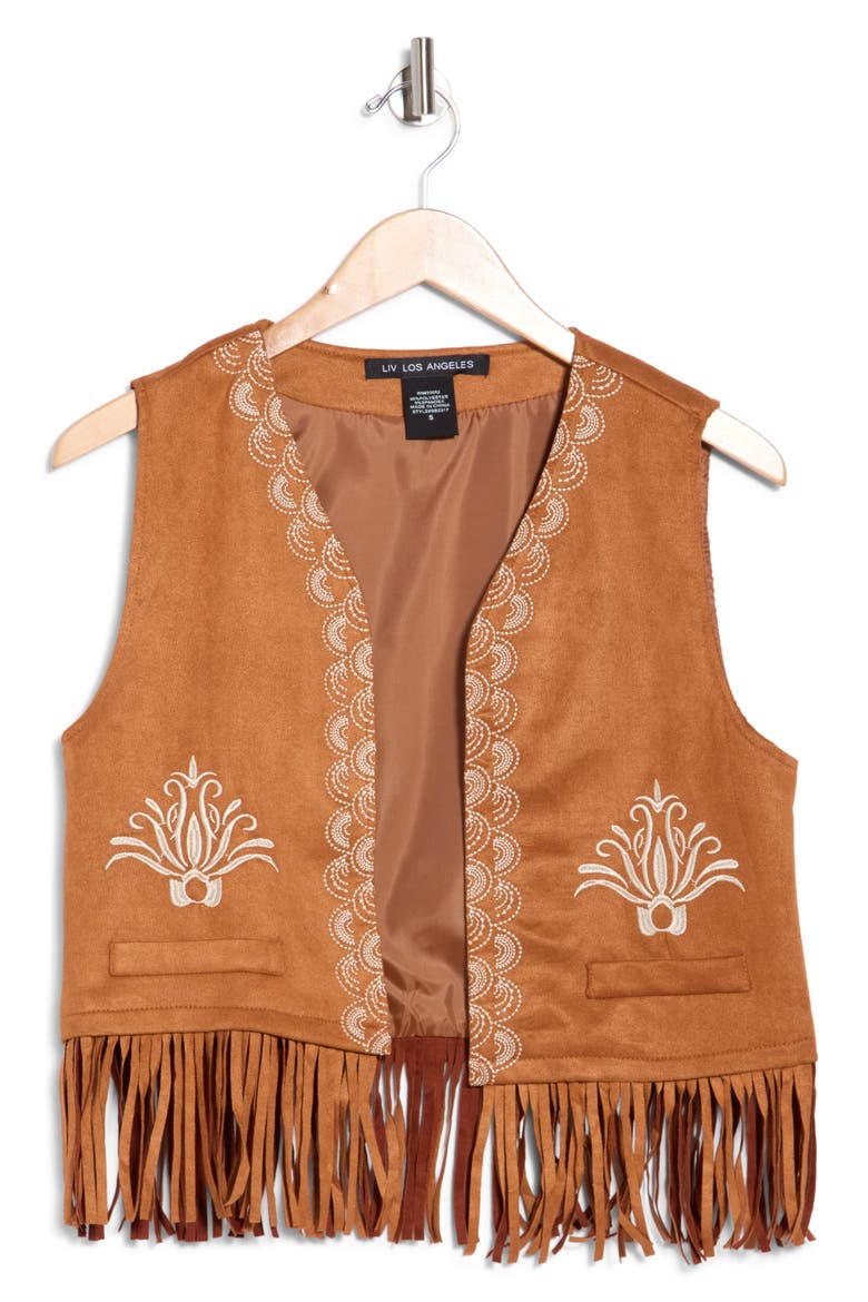 Embroidered Fringe Faux Suede Vest, Main, color, CAMEL