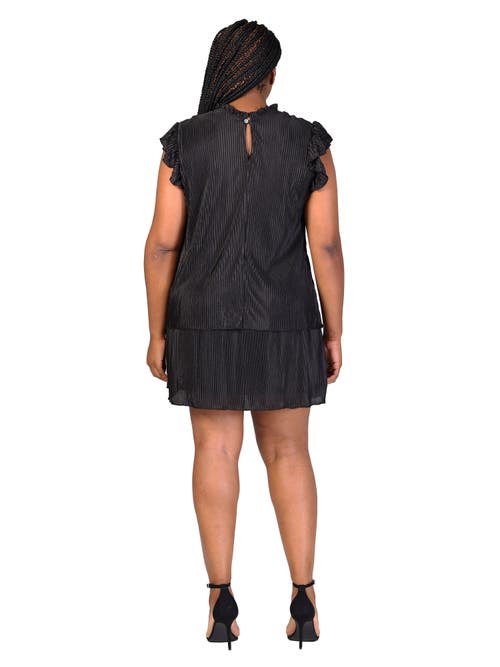 24seven Comfort Apparel Ruffle Cap Sleeve High Neck Pleated Tiered Mini Dress In Black