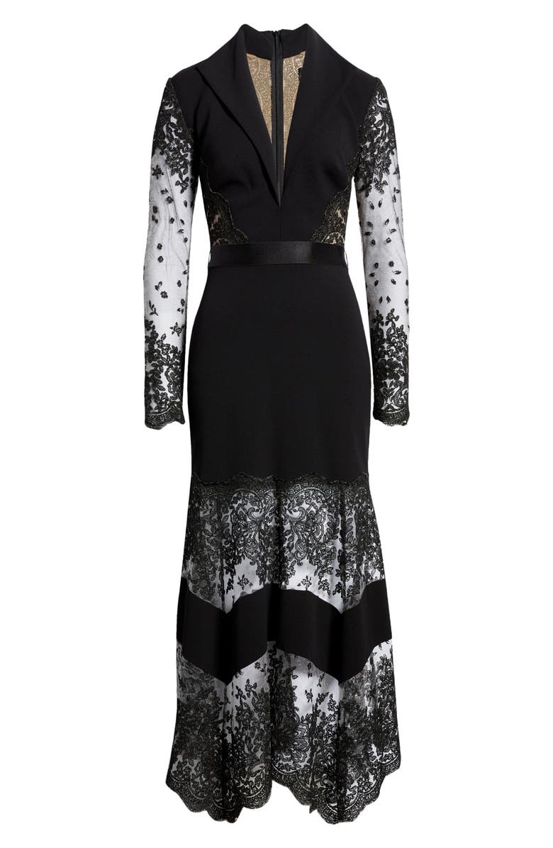 Tadashi Shoji Lace Detail Plunge Neck Long Sleeve Crepe Gown, Alternate, color, 