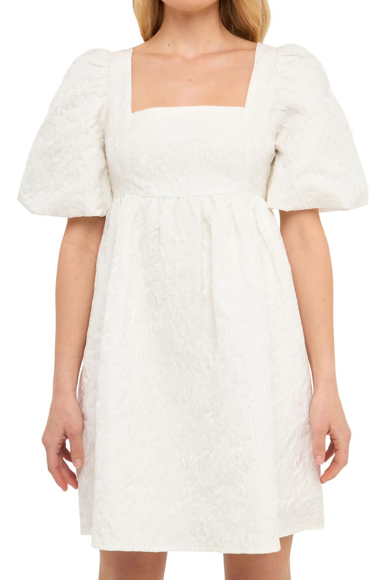 Open Back Floral Jacquard Puff Sleeve Minidress, Alternate, color, WHITE