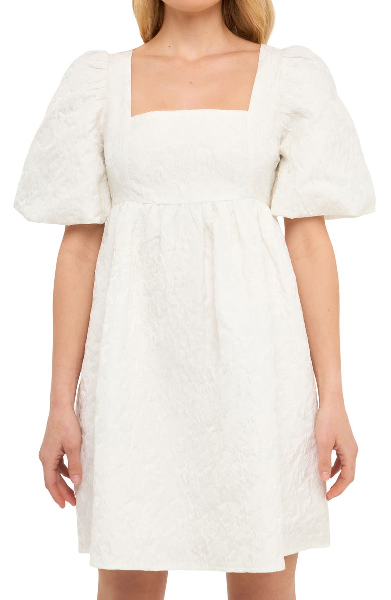 Endless Rose Open Back Floral Jacquard Puff Sleeve Minidress, Alternate, color, White