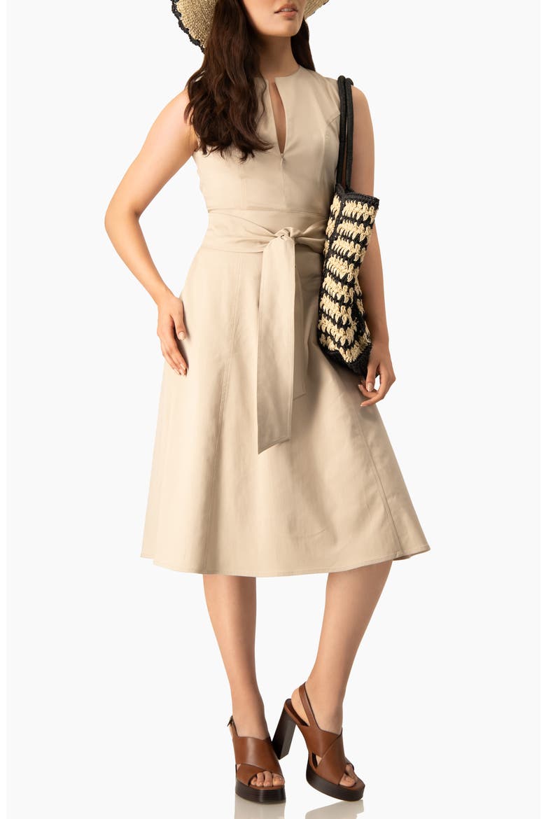 Sleeveless Belted Split Neck A-Line Midi Dress with Sash, Alternate, color, Beige