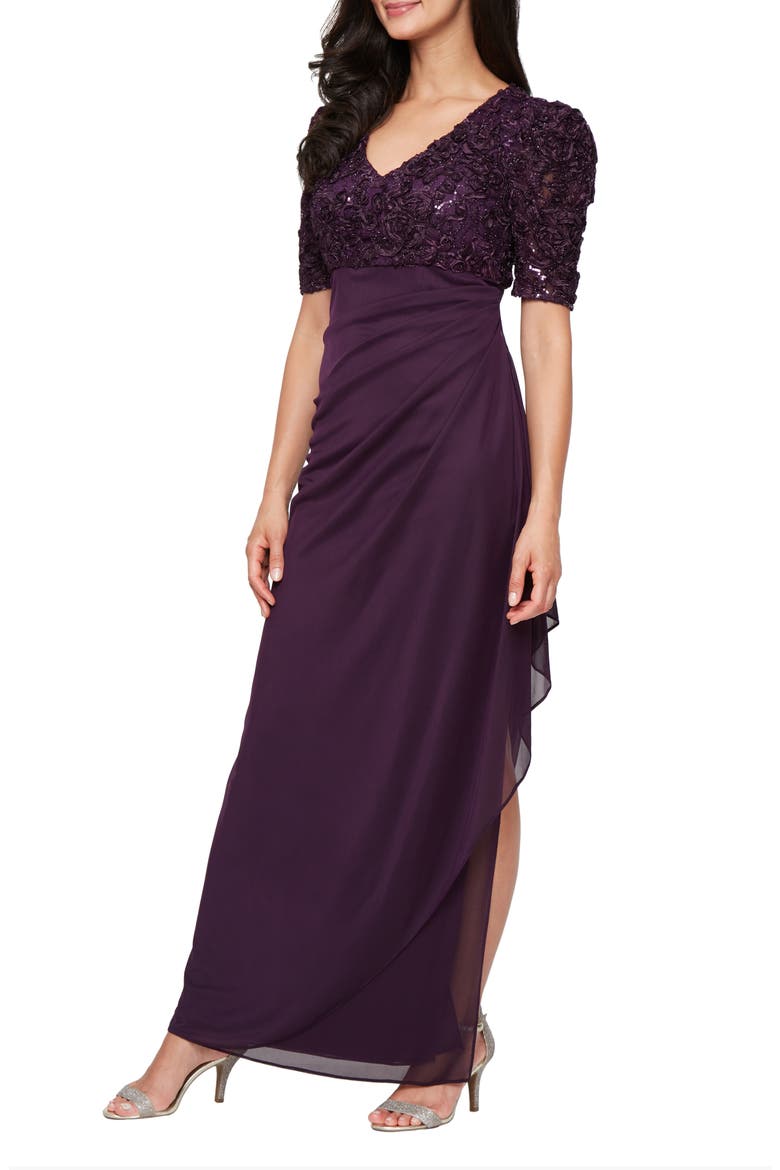 Embellished Short Sleeve Empire Waist Gown, Main, color, DEEP PLUM