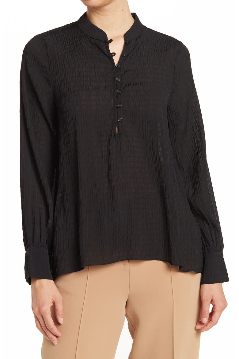 Crinkled Collarless Long Sleeve Top, Main, color, BLACK