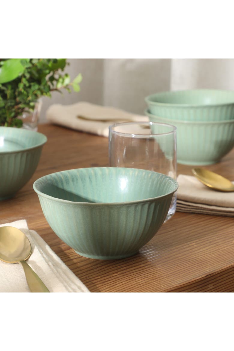 Bistro Linea Cereal Bowls, Stoneware Soup Bowls, Cream Reactive Glaze Ribbed Bowl Set, Alternate, color, Green