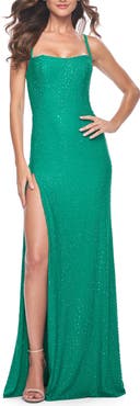 La Femme Rhinestone Embellished Jersey Gown with Square Neckline