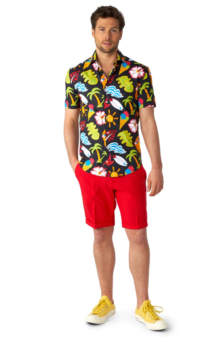 Tropical Thunder Stretch Short Sleeve Button-Up Shirt, Alternate, color, BLACK