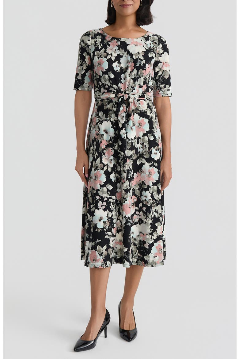 Floral Tie Belt A-Line Dress, Main, color, BLACK MULTI