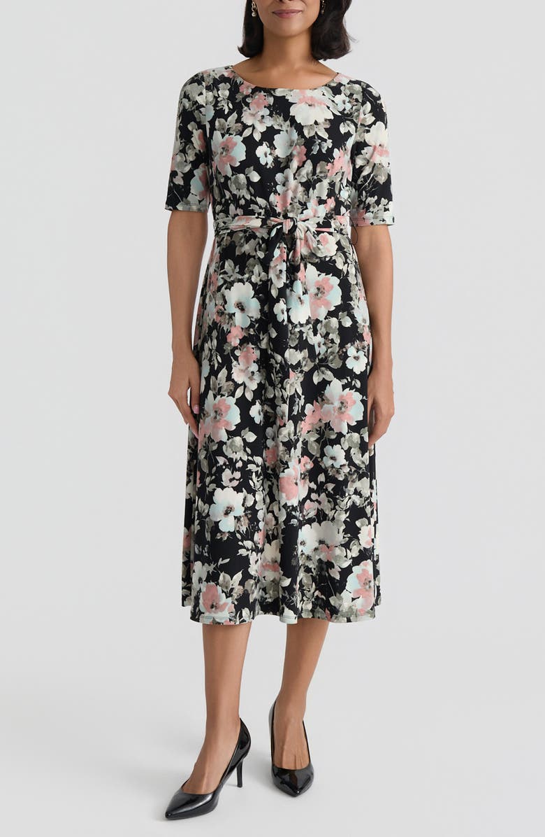 KASPER Floral Tie Belt A-Line Dress, Main, color, Black Multi