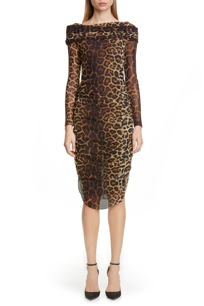 Leopard Print Long Sleeve Cocktail Dress, Main, color, LEOPARD PRINT