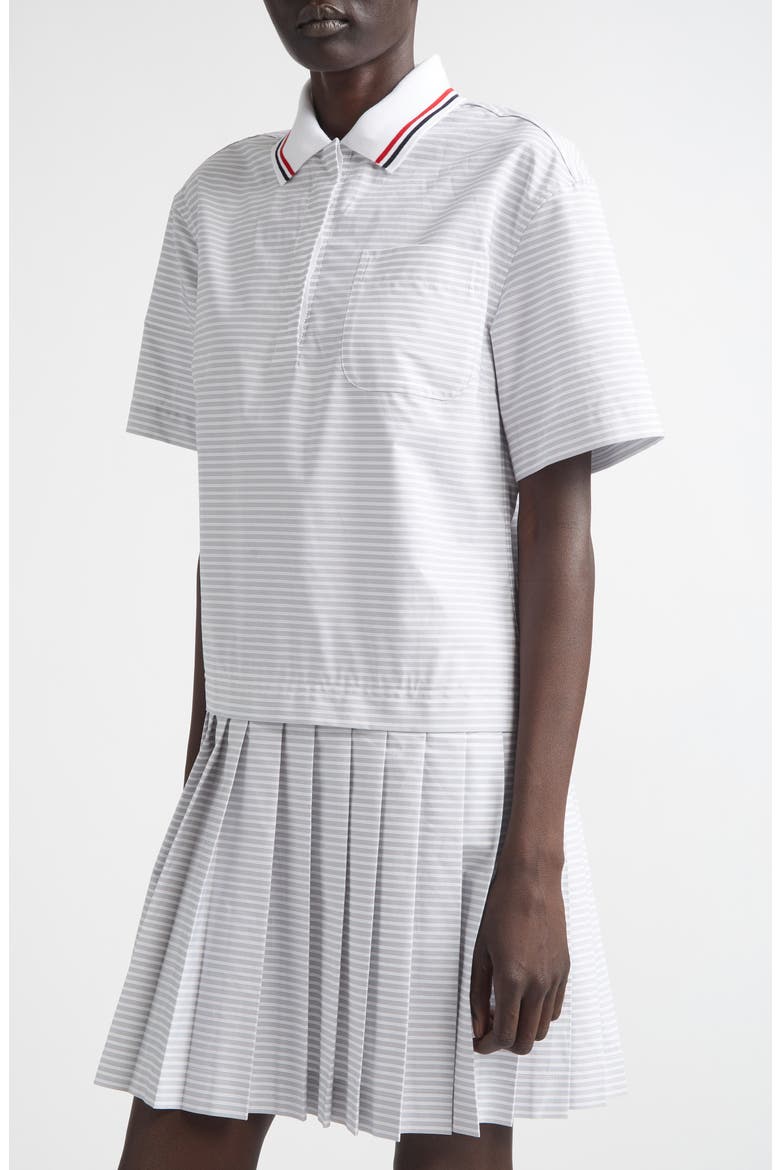 Stripe Pleated Cotton Polo Shirtdress, Alternate, color, MED GREY