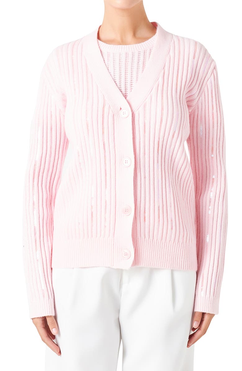 Endless Rose Sequin Rib Cardigan, Main, color, Light Pink