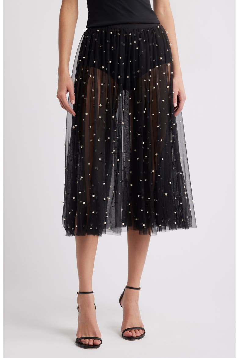 Blake Embellished Mesh Midi Skirt, Main, color, BLACK