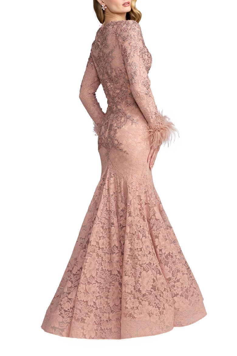Long Sleeve Feather Embellished Mermaid Gown, Alternate, color, Rose
