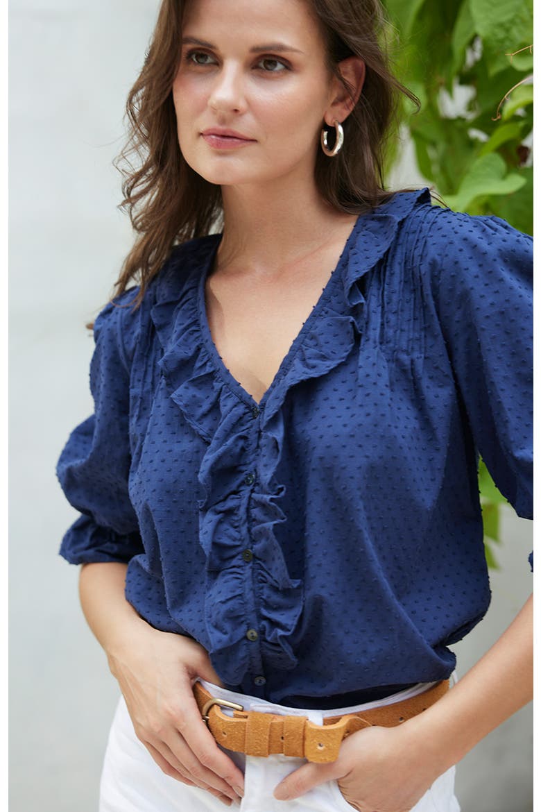 Chloe Swiss Dot Ruffle Shirt, Alternate, color, Navy