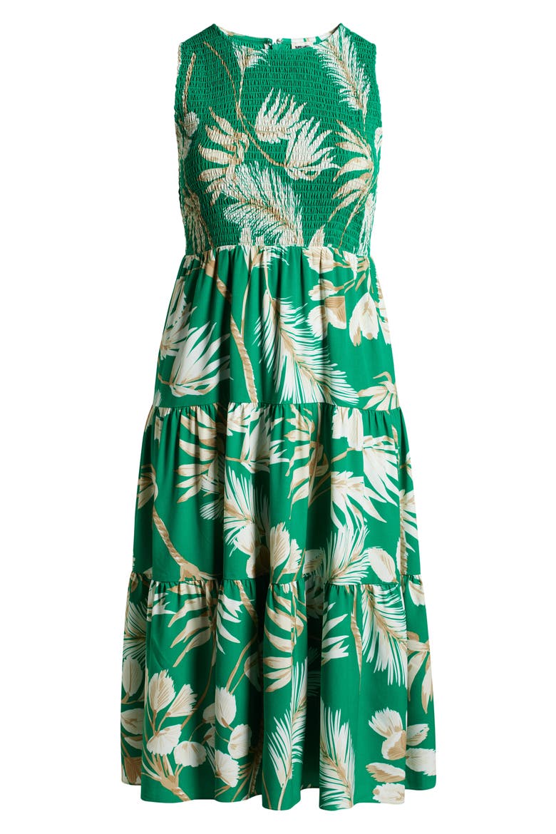Palm Print Smocked Tiered Maxi Dress, Alternate, color, TROPICAL GREEN MULTI