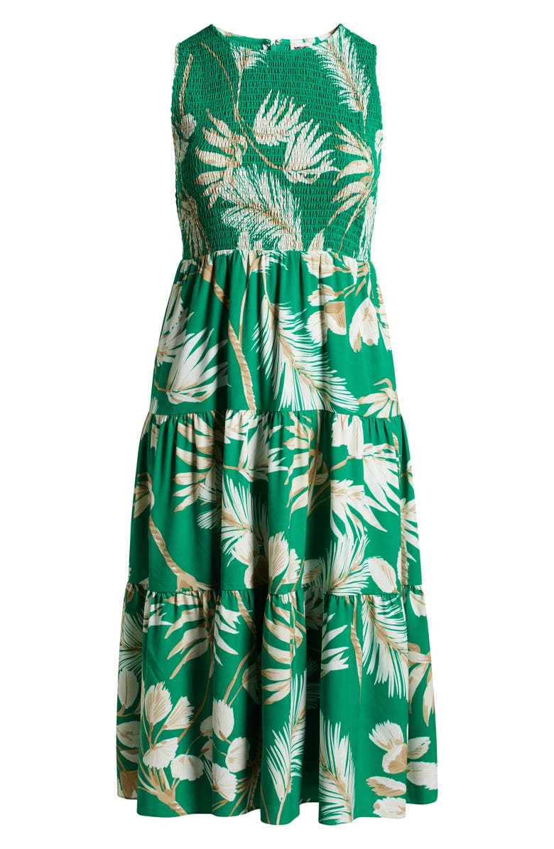 Anne Klein Palm Print Smocked Tiered Maxi Dress, Alternate, color, Tropical Green Multi