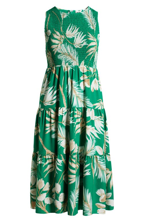 Anne Klein Palm Print Smocked Tiered Maxi Dress In Tropical Green Multi