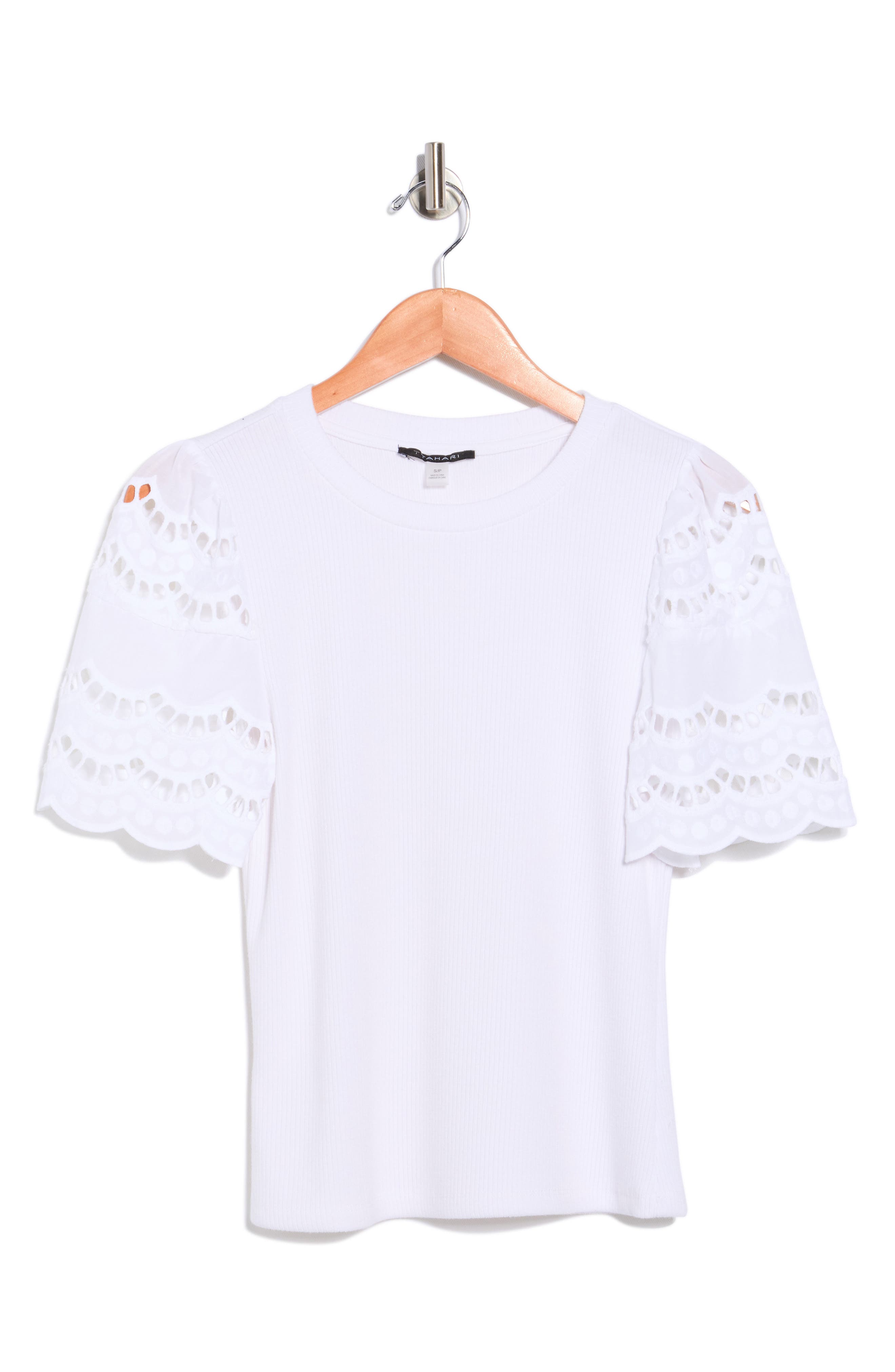 T Tahari Embroidered Eyelet Sleeve Ribbed Top