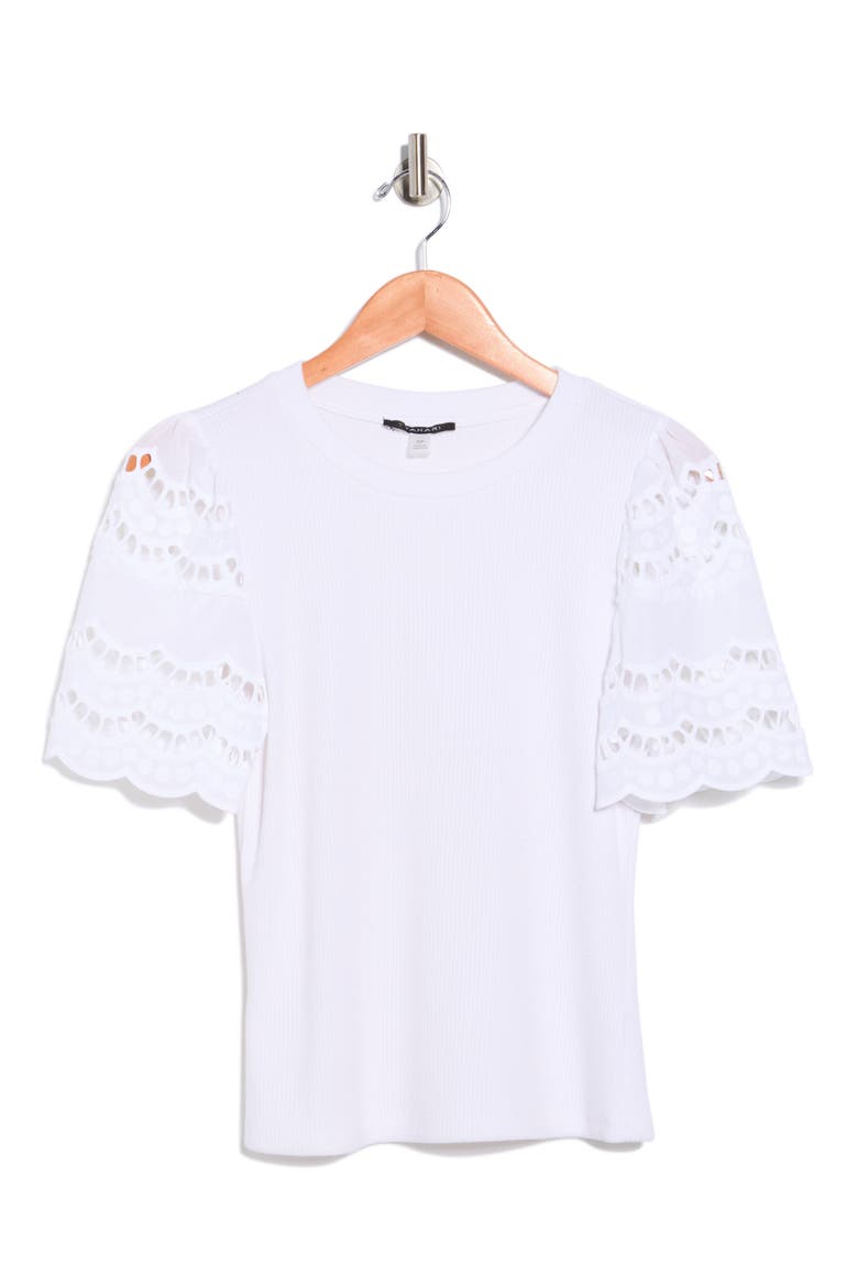 Embroidered Eyelet Sleeve Ribbed Top, Alternate, color, WHITE