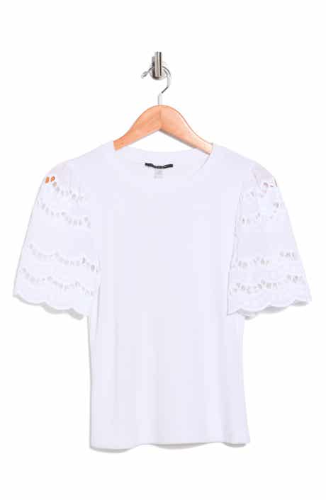T Tahari Embroidered Eyelet Sleeve Ribbed Top