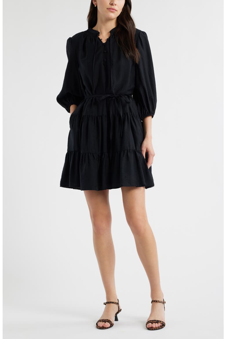 Tie Neck Tiered Dress, Main, color, BLACK