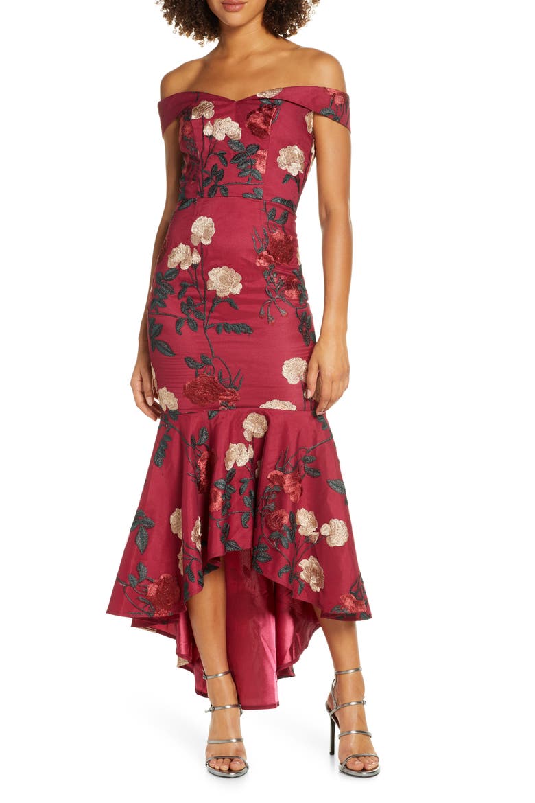 Osia Floral Embroidered Off the Shoulder Mermaid Dress, Main, color, BURGUNDY