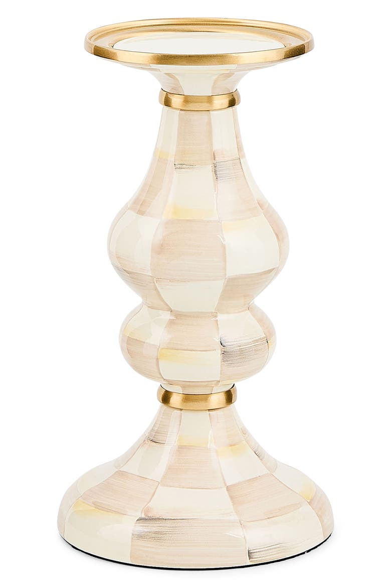 Mocha Check Medium Pillar Candleholder, Main, color, BEIGE/WHITE