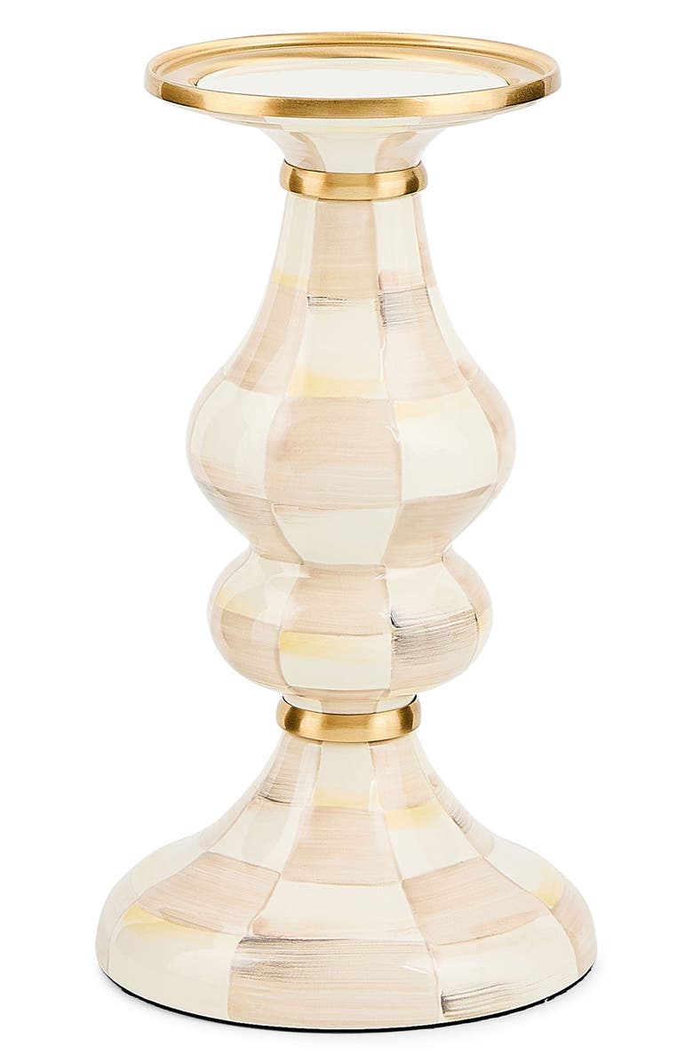 MACKENZIE CHILDS Mocha Check Medium Pillar Candleholder, Main, color, Beige/White