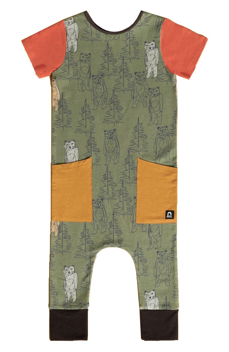RAGS TO RACHES Bear Print Patch Pocket Romper, Main, color, 