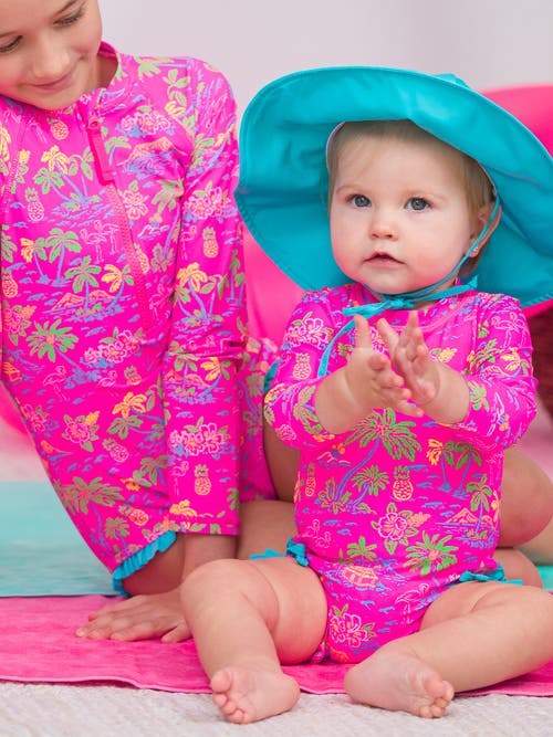 Rufflebutts Baby Girls Long Sleeve Upf50+ One Piece Rash Guard In Neon Island Time