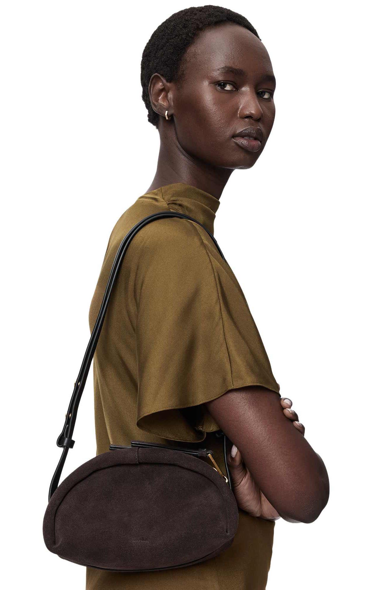 AllSaints Rosalie Arc Suede Crossbody Bag, Alternate, color, Burnt Umber Red