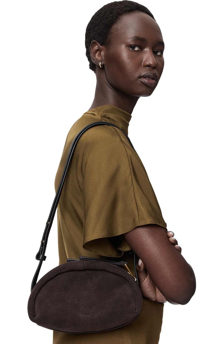 AllSaints Rosalie Arc Suede Crossbody Bag, Alternate, color, Burnt Umber Red