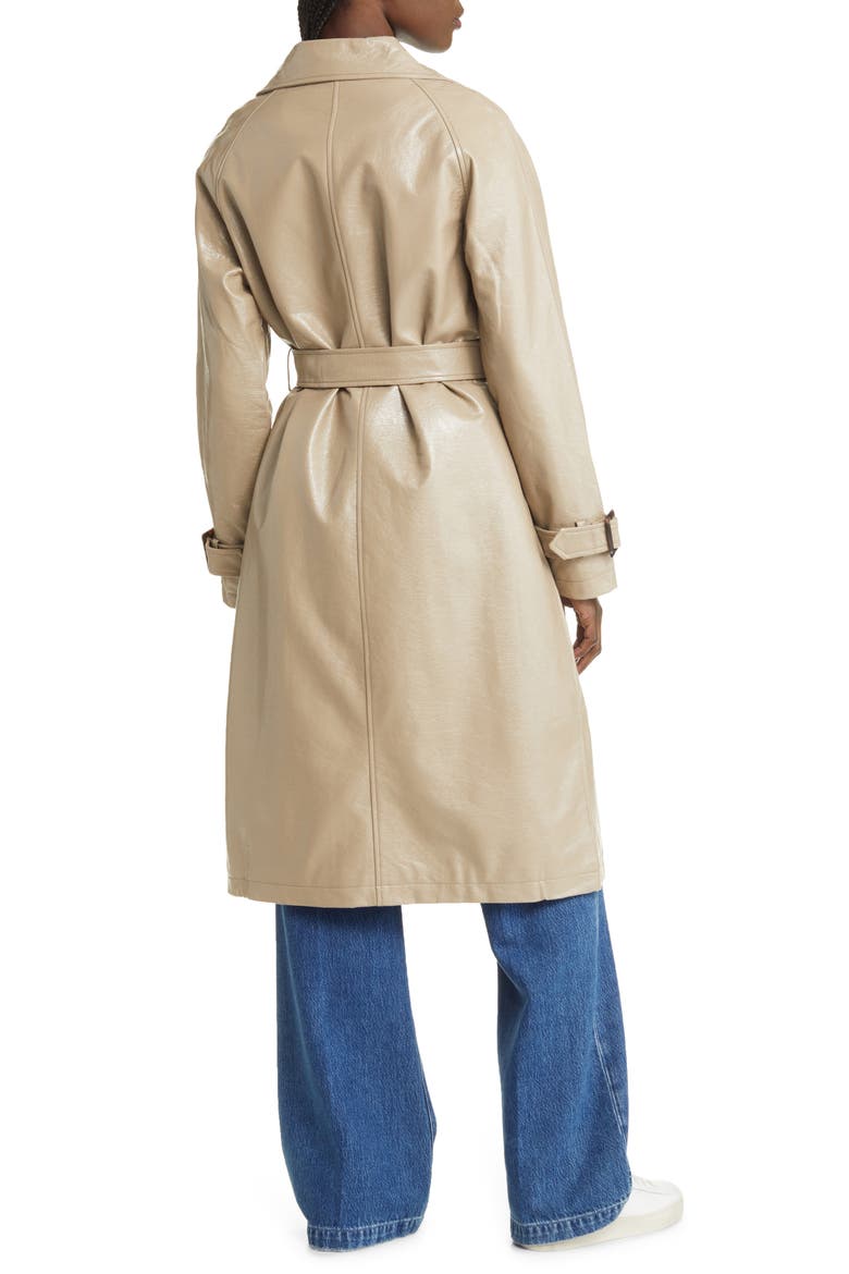 Double Breasted Faux Leather Trench Coat, Alternate, color, NOUGAT