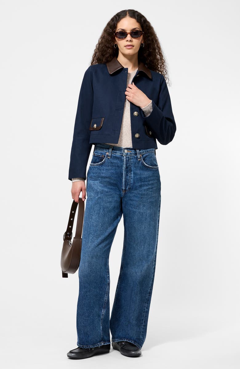 French Connection Denim Jacket with Faux Leather Trim, Alternate, color, Marine