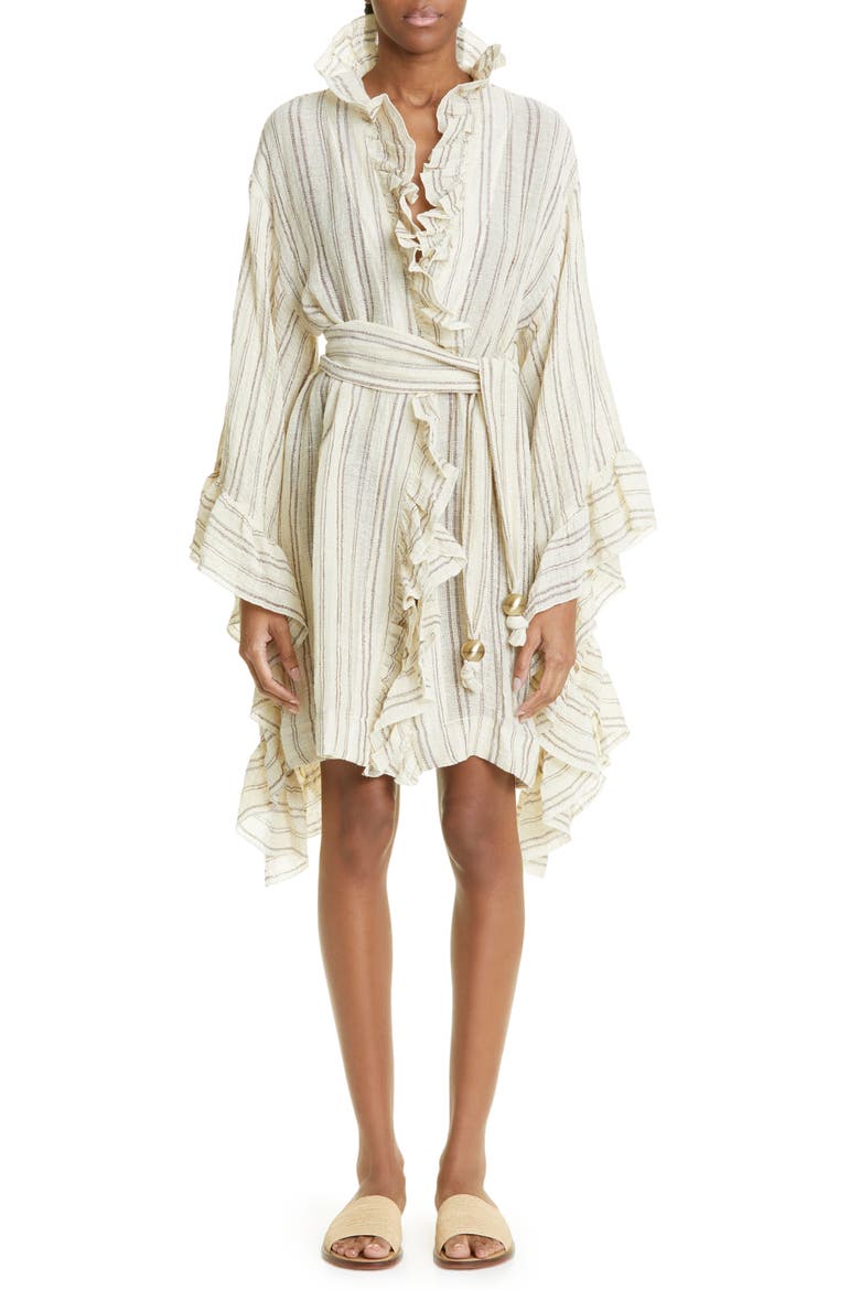Anita Ruffle Linen Blend Cover-Up Robe, Main, color, NATURAL BROWN STRIPED