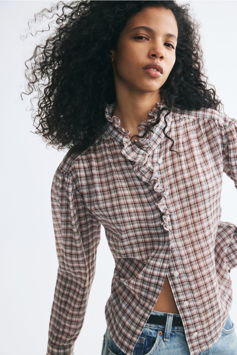 Ruffle-Trimmed Blouse, Alternate, color, Cream/checked