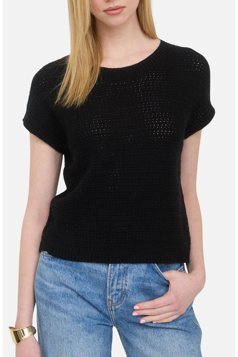 Open Knit Short Sleeve Sweater, Main, color, BLACK
