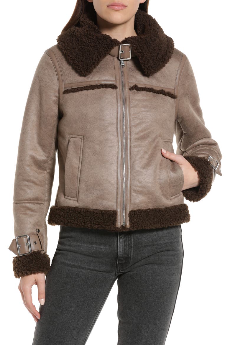 Women's Fleece Trim Faux Leather Bomber Jacket, Main, color, LIGHT BROW