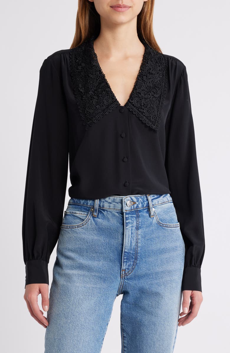 FRAME Lace Collar Button-Up Silk Shirt, Main, color, 