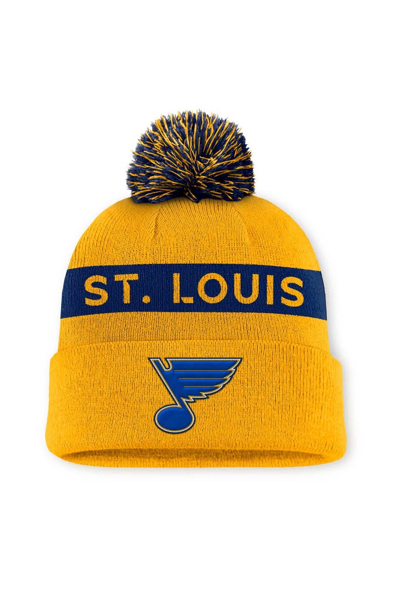 Women's Fanatics Gold/Navy St. Louis Blues Authentic Pro Rink Cuffed Knit Hat with Pom, Main, color, Gold