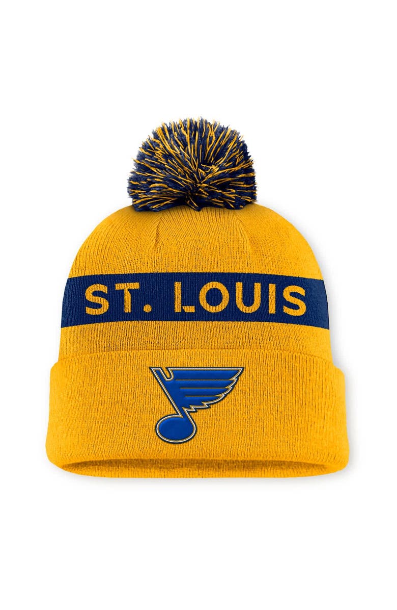 FANATICS Women's Fanatics Gold/Navy St. Louis Blues Authentic Pro Rink Cuffed Knit Hat with Pom, Main, color, Gold