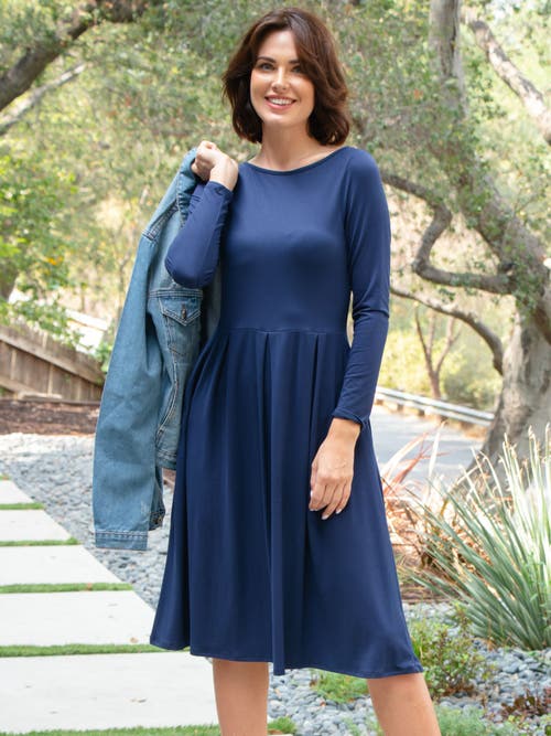 24seven Comfort Apparel Midi Length Fit N Flare Pocket Dress In Blue